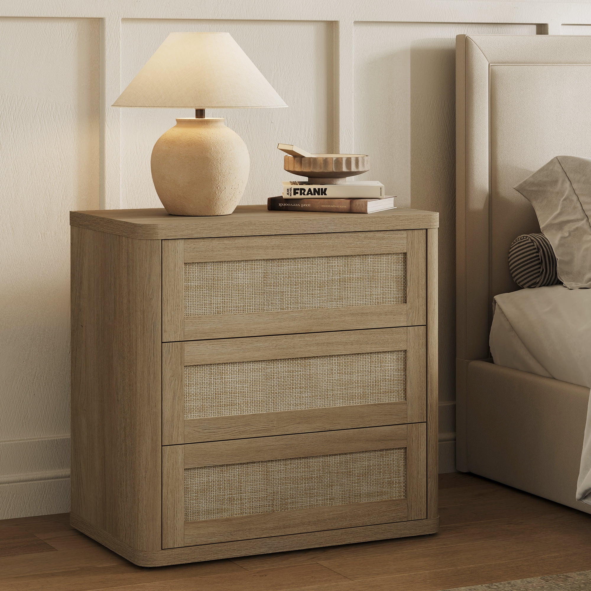 SICOTAS 26.77"W Boho 3-Drawer Nightstand, Curved Rattan Nightstand Dresser with Pop-up Drawers & Slide Rails, Farmhouse Bedside Table, End Side Table for Bedroom, Living Room, Natural Oak