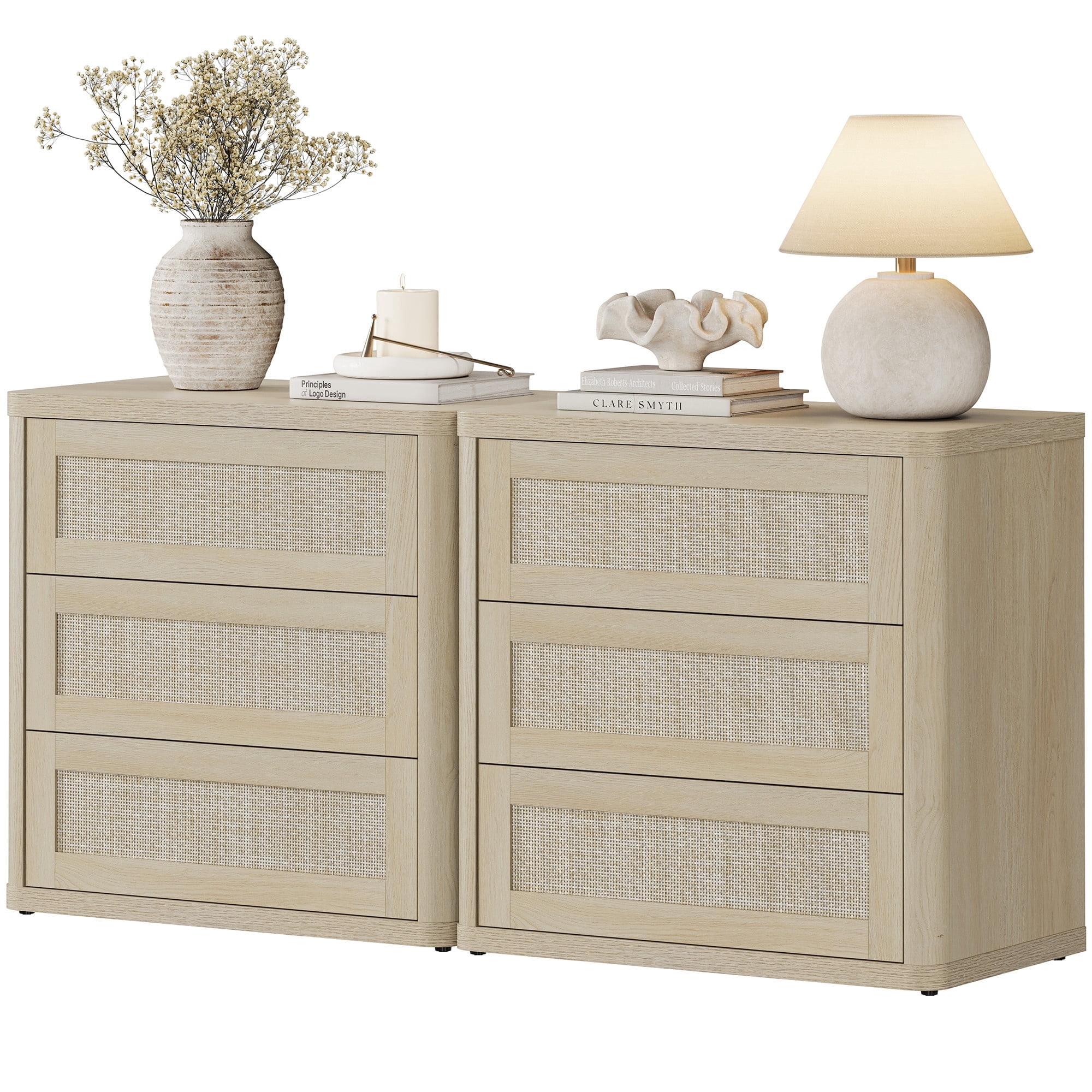 SICOTAS 26.77"W Boho 3-Drawer Nightstand Set of 2, Curved Rattan Nightstand Dresser with Pop-up Drawers & Slide Rails, Farmhouse Bedside Table, End Side Table for Bedroom, Living Room, Light Oak