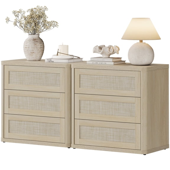 SICOTAS 26.77"W Boho 3-Drawer Nightstand Set of 2, Curved Rattan Nightstand Dresser with Pop-up Drawers & Slide Rails, Farmhouse Bedside Table, End Side Table for Bedroom, Living Room, Light Oak