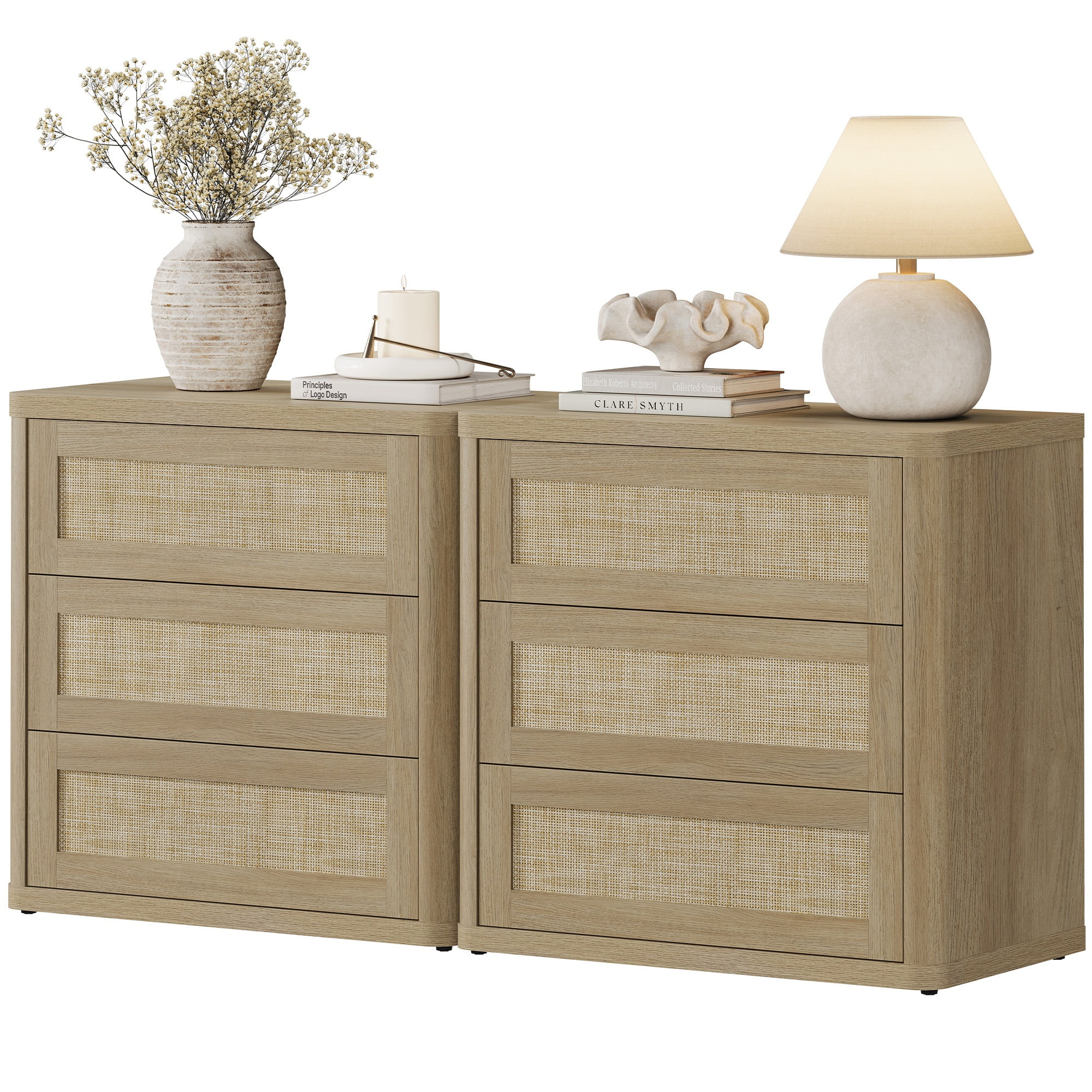 SICOTAS 26.77"W Boho 3-Drawer Nightstand Set of 2, Curved Rattan Nightstand Dresser with Pop-up Drawers & Slide Rails, Farmhouse Bedside Table, End Side Table for Bedroom, Living Room, Natural Oak