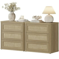 SICOTAS 26.77"W Boho 3-Drawer Nightstand Set of 2, Curved Rattan Nightstand Dresser with Pop-up Drawers & Slide Rails, Farmhouse Bedside Table, End Side Table for Bedroom, Living Room, Natural Oak