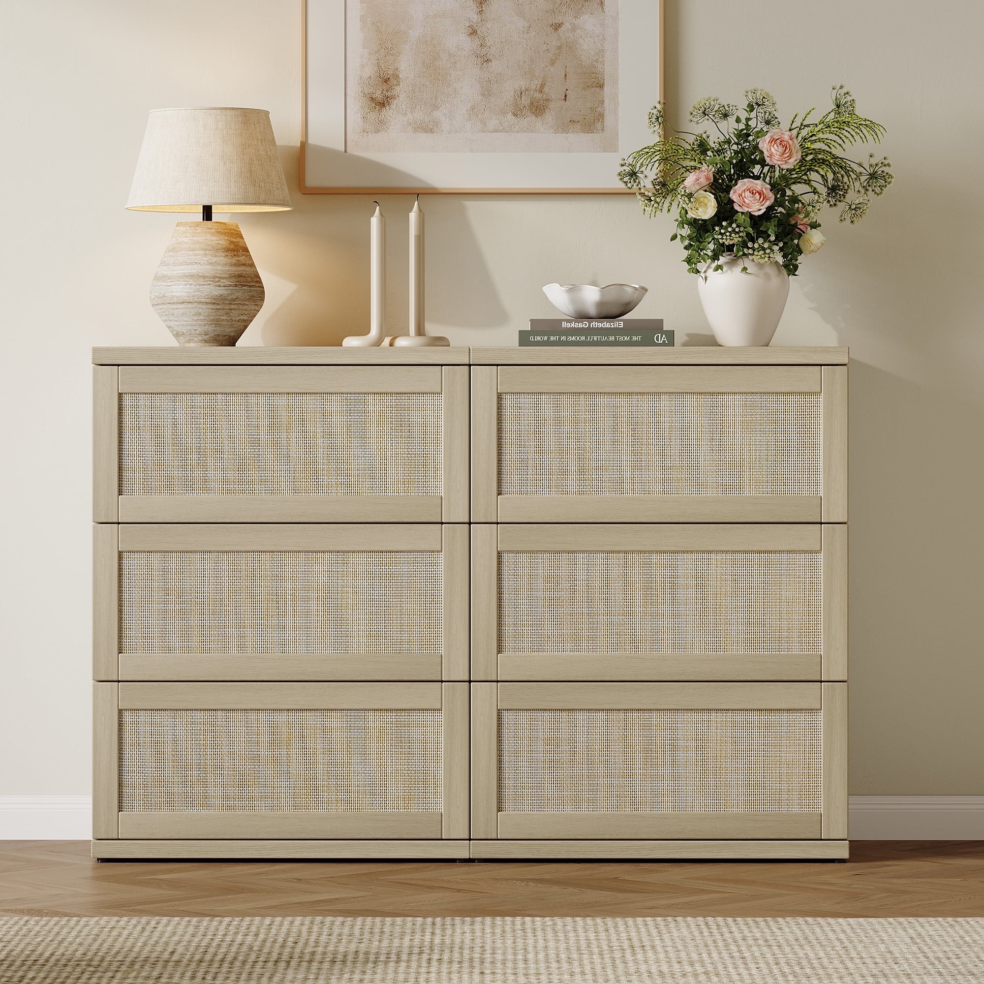 SICOTAS Small 3-Drawer Dresser Nightstand Set of 2, 50.7"W Boho 6 Drawer Dresser with Slide Rails, Rattan Chest of Drawers, Modular Storage Cabinet for Bedroom & Living Room, Light Oak