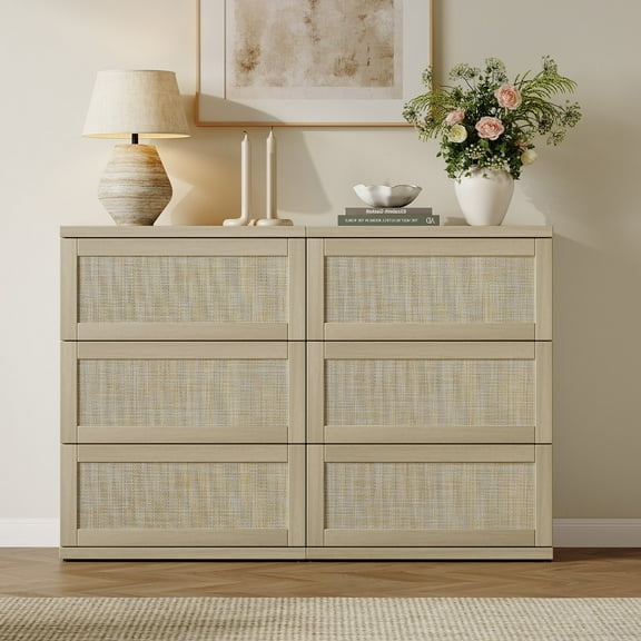 SICOTAS Small 3-Drawer Dresser Nightstand Set of 2, 50.7"W Boho 6 Drawer Dresser with Slide Rails, Rattan Chest of Drawers, Modular Storage Cabinet for Bedroom & Living Room, Light Oak