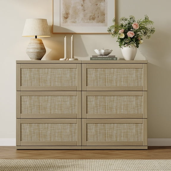 SICOTAS Small 3-Drawer Dresser Nightstand Set of 2, 50.7"W Boho 6 Drawer Dresser with Slide Rails, Rattan Chest of Drawers, Modular Storage Cabinet for Bedroom & Living Room, Natural Oak