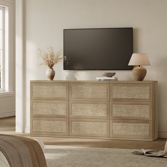 SICOTAS 3-Drawer Dresser Set of 3, 76.05"W Large Boho 9 Drawer Dresser, Rattan Dresser TV Stand for TVs up to 85", Modular Storage Cabinet for Bedroom & Living Room, Natural Oak