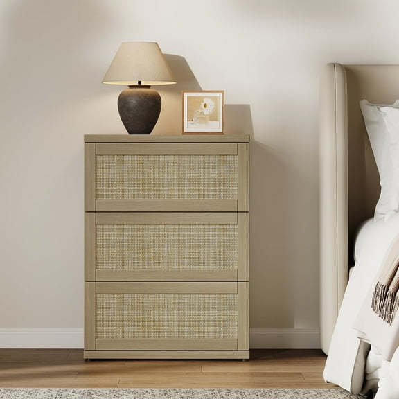 SICOTAS 34.2" Tall 3-Drawer Dresser Nightstand, Small Boho Rattan Chest of Drawers with Slide Rails, Wood Dresser Organizer, Modular Storage Cabinet for Bedroom & Living Room, Natural Oak