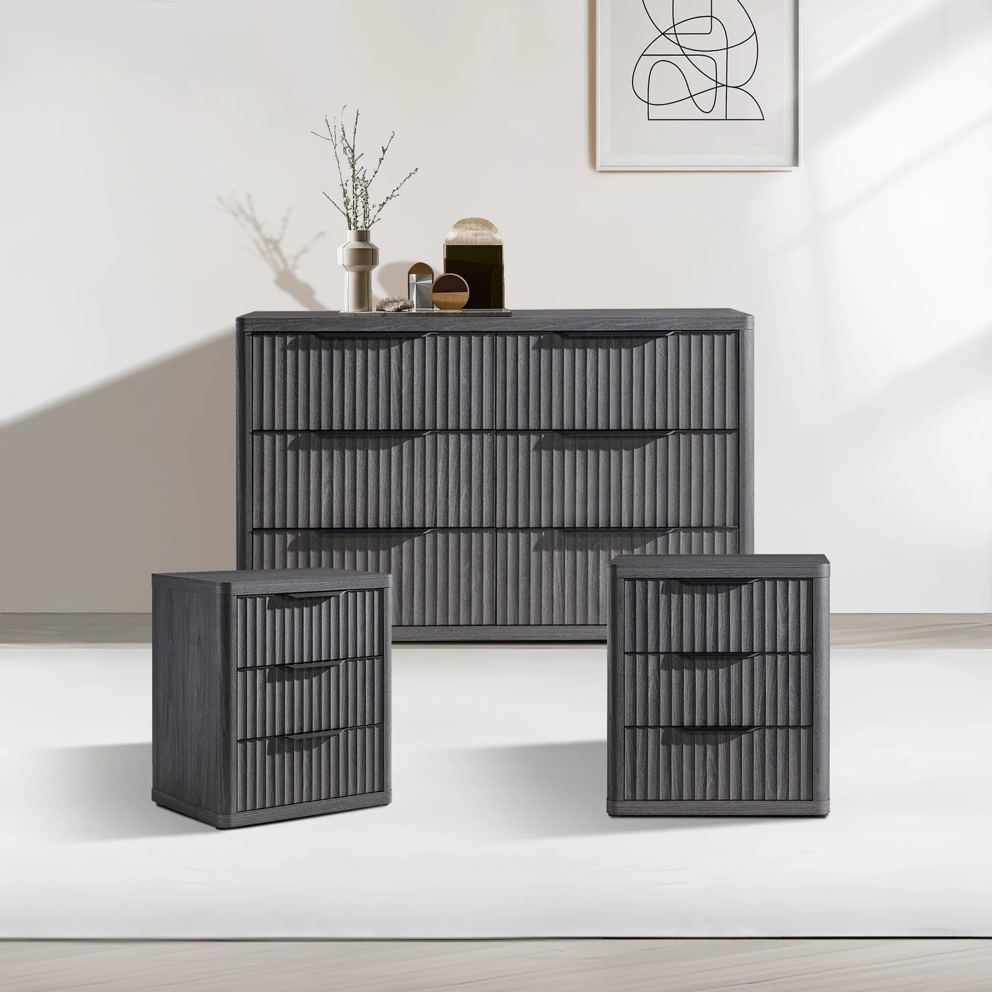 dresser nightstand set Home Square 3 Piece Bedroom with 6 Drawer Double and Two 2 Drawer Nightstands in Black Woodgrain Stunning variety of colors with UV Painting finish SICOTAS 3-Piece Farmhouse Bedroom Dresser