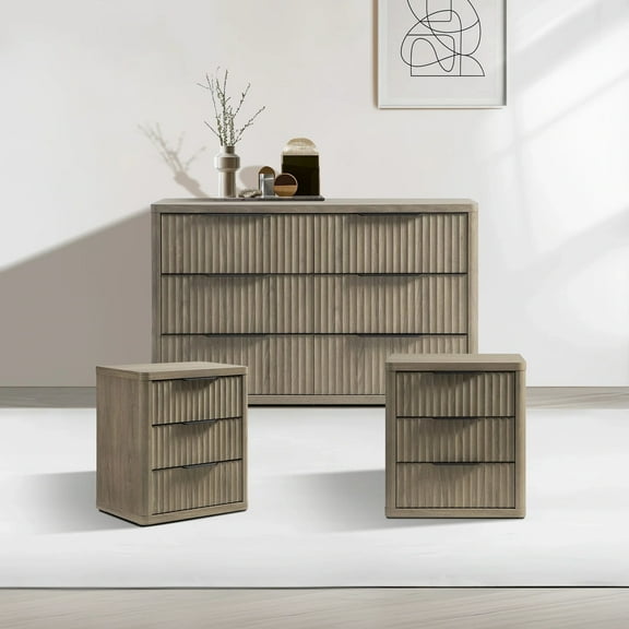SICOTAS 3-Piece Farmhouse Bedroom Dresser and Nightstand Sets, Fluted 6-Drawer Dresser, 3 Drawer Nightstand Set of 2, Grey