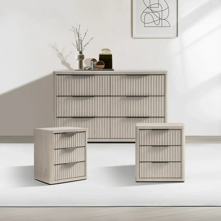 SICOTAS 3-Piece Farmhouse Bedroom Dresser and Nightstand Sets, Fluted 6-Drawer Dresser, 3 Drawer Nightstand Set of 2, Light Grey