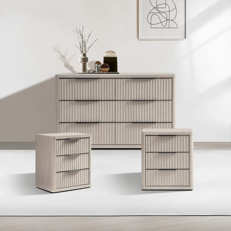 SICOTAS 3-Piece Farmhouse Bedroom Dresser and Nightstand Sets, Fluted 6-Drawer Dresser, 3 Drawer Nightstand Set of 2, Light Grey