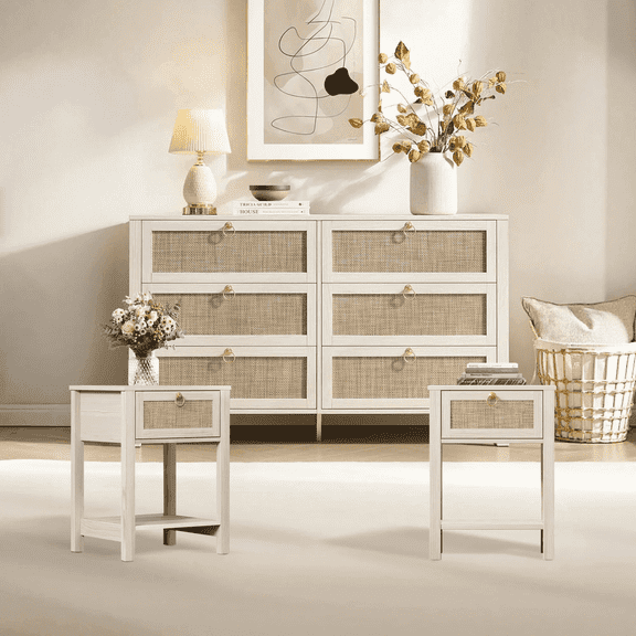 SICOTAS 3-Piece White Oak Bedroom Furniture Set, 6-Drawer Dresser &  Nightstands Set of 2,  Bohemian Rattan Design, Wide Storage Organizer for Bedroom, Living Room