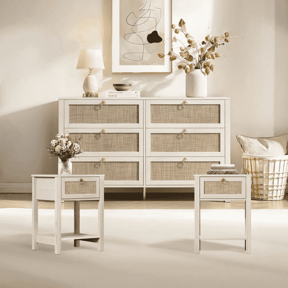SICOTAS 3-Piece White Oak Bedroom Furniture Set, 6-Drawer Dresser & Nightstands Set of 2, Bohemian Rattan Design, Wide Storage Organizer for Bedroom, Living Room