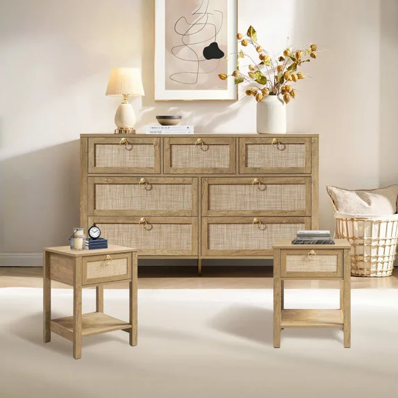 SICOTAS 3-Piece Bedroom Furniture Set, Rattan 7-Drawer Dresser & 2 Nightstands with 1 Drawer, Boho Farmhouse Style, Cherry Oak