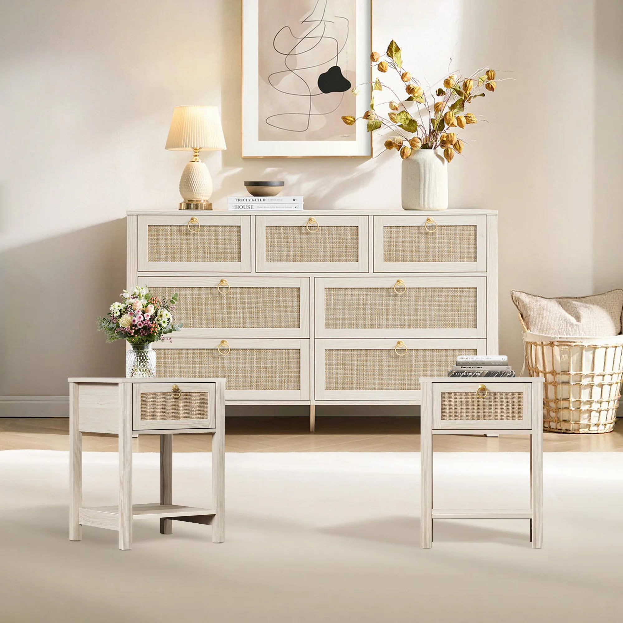 SICOTAS 3-Piece Bedroom Furniture Set, Rattan 7-Drawer Dresser & 2 Nightstands with 1 Drawer, Boho Farmhouse Style, White Oak
