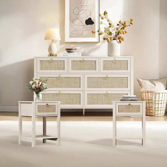 SICOTAS 3-Piece Bedroom Furniture Set, Rattan 7-Drawer Dresser & 2 Nightstands with 1 Drawer, Boho Farmhouse Style, White Oak