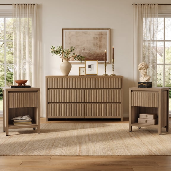 SICOTAS 3 Piece Fluted Dresser and Nightstand Set for Bedroom, 55.2"W 7 Drawer Dresser and 2 Nightstands with Open Shelf, Mid Century Modern Bedroom Furniture Set, Oak