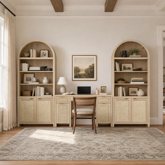 SICOTAS 3 Piece Furniture Set - 84.25" Tall Arched Cabinet & 52.1" Wide Desk with Rattan Doors, Adjustable Shelves, Hidden Handles for Study Room Home Office, Reclaimed Light Oak