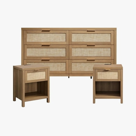 SICOTAS 3-Piece Rattan Dresser & Nightstand Set - Light Oak 6-Drawer Dresser (56.88") & 2 Nightstands, Boho Bedroom Furniture Set with Storage