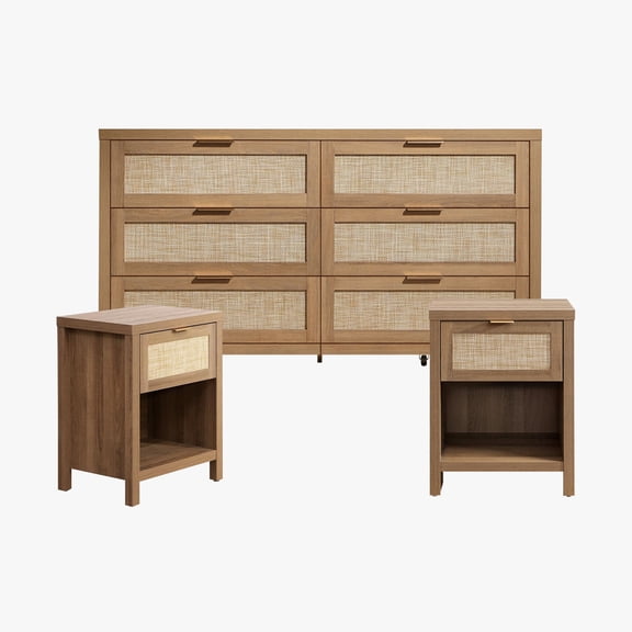 SICOTAS 3-Piece Rattan Dresser & Nightstand Set - Light Oak 6-Drawer Dresser (56.88") & 2 Nightstands, Boho Bedroom Furniture Set with Storage