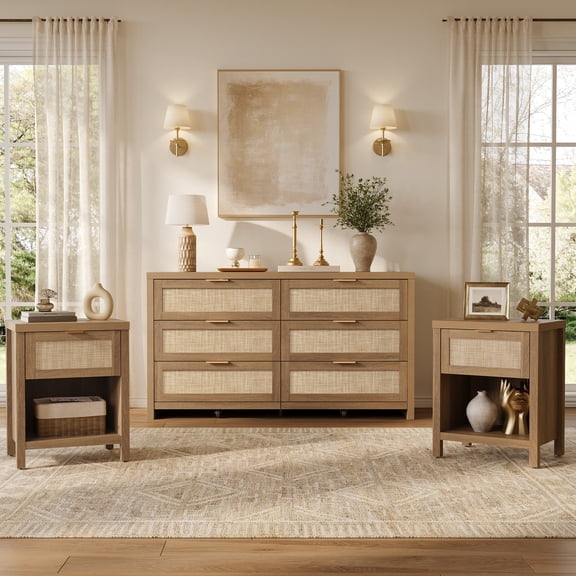 SICOTAS 3-Piece Rattan Bedroom Furniture Set - 6-Drawer Dresser (56.85") & 2 Nightstands, Boho Bedroom Set Furniture with Storage for King Size
