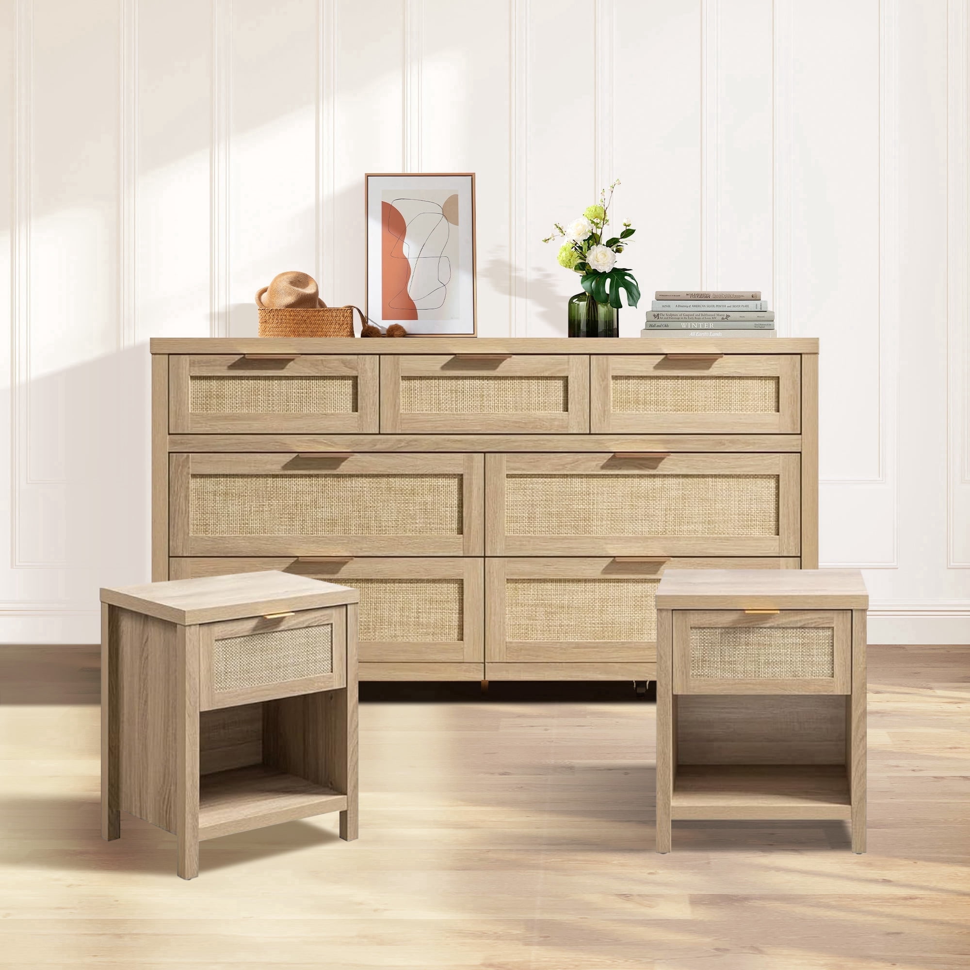 SICOTAS 3-Piece Rattan Dresser & Nightstand Set