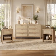 SICOTAS 3-Piece Rattan Bedroom Set - 6-Drawer Dresser (56.85") & 2 Nightstands, Boho Bedroom Set Furniture with Storage for King Size