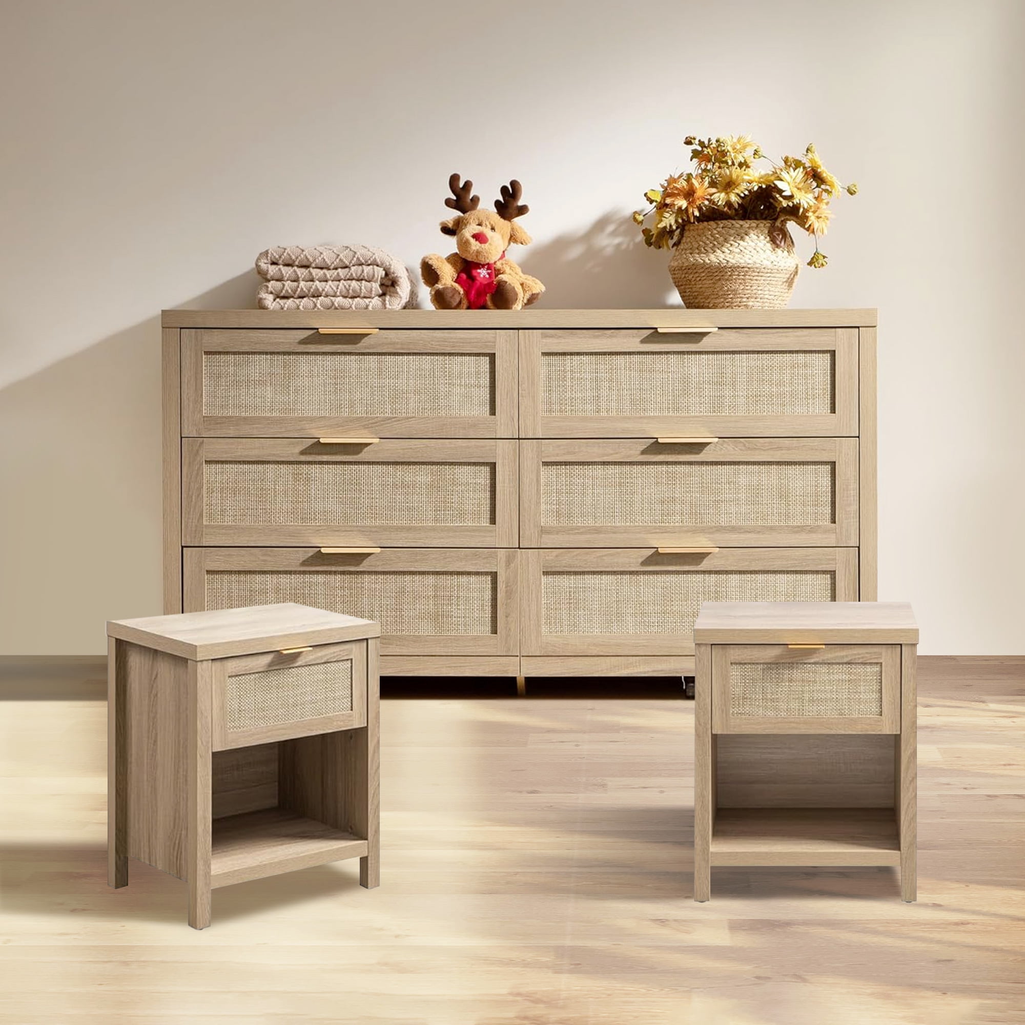 dresser night table Terra 6 Drawers And White Cream Oak Nightstands Sets tapered legs Dresser and Night Stand Set