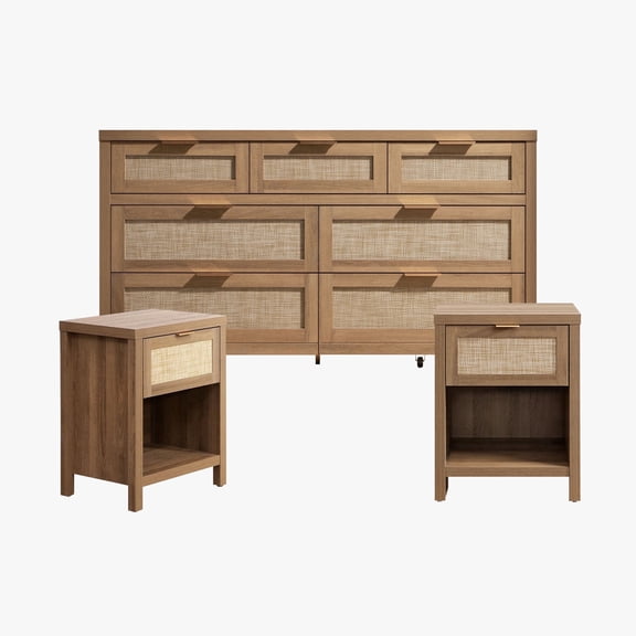 SICOTAS 3-Piece Rattan Dresser & Nightstand Set - Oak 7-Drawer Dresser (56.88") & 2 Nightstands, Boho Bedroom Furniture Set with Storage