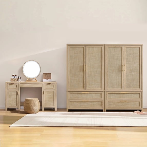 SICOTAS Boho Rattan Wardrobe Closet and Vanity Desk Set of 3 for Bedroom, 71" Tall Armoire Wardrobe with Large Drawers & Adjustable Shelves, 52" Makeup Desk with Drawers & Storage Cabinets, Light Oak