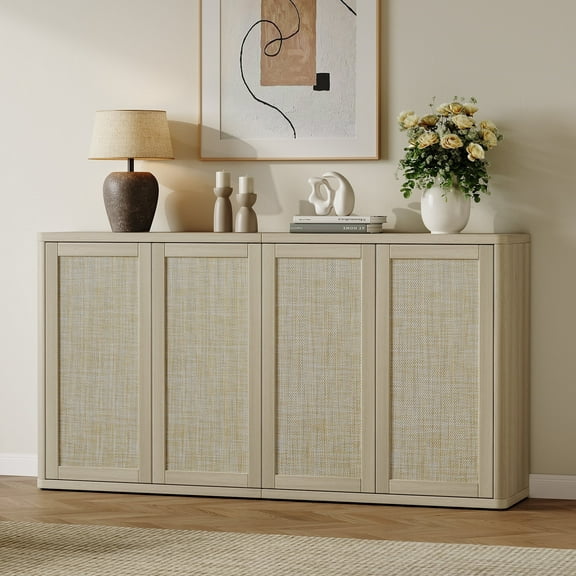 SICOTAS 64.32"W Modular Rattan Sideboard Buffet Cabinet with Adjustable Shelves & Pop-Up Door, Modern Storage Cabinet for Living Room, Entryway Organization - Sand Oak