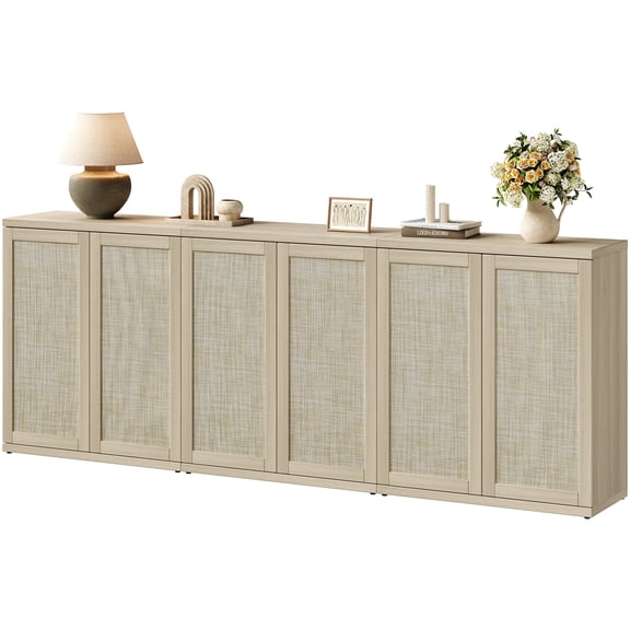 SICOTAS 30.51" Wide Rattan Sideboard Buffet Cabinet Set of 3, Farmhouse Storage Cabinet TV Consle with Adjustable Shelves & Feet for Living Room, Entryway, Foyer - Sand Oak