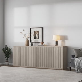 SICOTAS 92.7Inch Long Kitchen Pantry Storage Cabinet , Modern Extra Large Storage Cabinet with Adjustable Shelf & No Handle Credenza Cabinet for Dining Room,Light White Alder