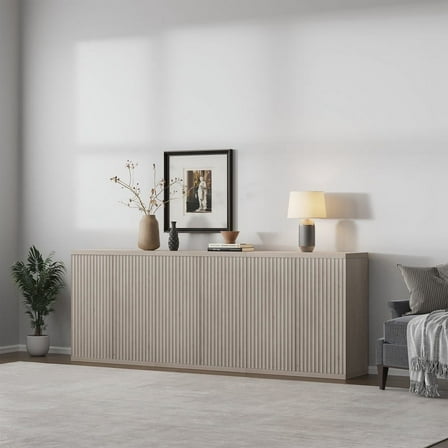 SICOTAS 92.7Inch Long Kitchen Pantry Storage Cabinet , Modern Extra Large Storage Cabinet with Adjustable Shelf & No Handle Credenza  Cabinet for Dining Room,Light White Alder