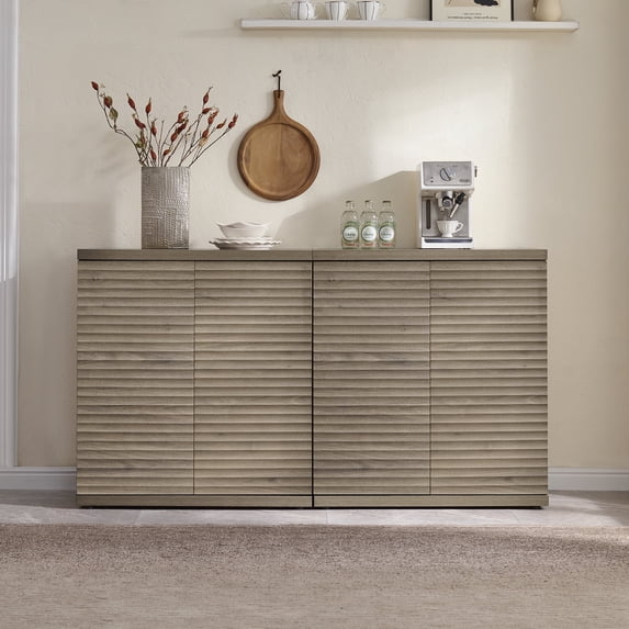 SICOTAS Fluted Kitchen Storage Cabinet Set of 2, 62" Modern Coffee Bar Station with 4 Doors & Adjustable Shelves, Side Cabinets for Dining Room, Living Room, Entryway in Grey