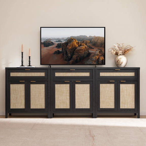 SICOTAS 30" Sideboards Buffets Cabinets with Drawer Set of 3, Boho Rattan Kitchen Storage Cabinets with Adjustable Shelves, Coffee Bar Station in Black