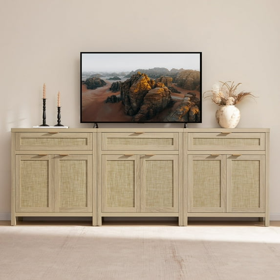 SICOTAS 30" Sideboards Buffets Cabinets with Drawer Set of 3, Boho Rattan Kitchen Storage Cabinets with Adjustable Shelves, Coffee Bar Station in Light Oak