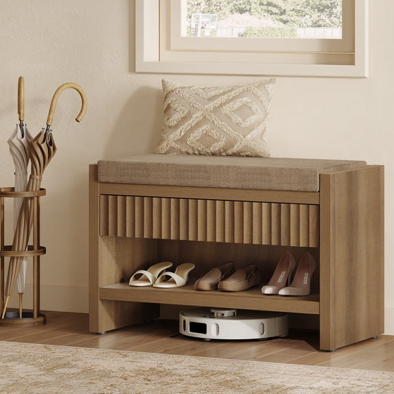 SICOTAS 31.3"W Shoe Storage Bench with Fluted Drawer & Cushioned, Modern Farmhouse Shoe Rack Bench with Open Shelf for Entryway, Hallway, Foyer, 300 lbs, Oak