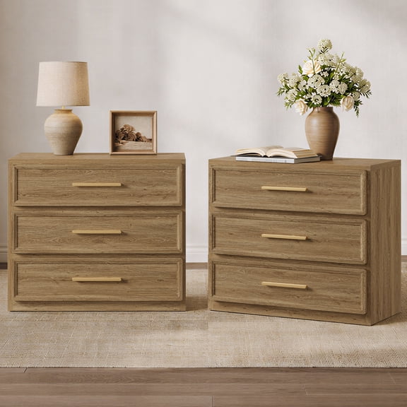 SICOTAS 31.3" W 3-Drawer Nightstand Set of 2 with Oversized Large Storage , Farmhouse Night Stands Bedside Table with Adjustable Feet & Gold Handles for Bedroom Living Room Entryway, Brown Oak