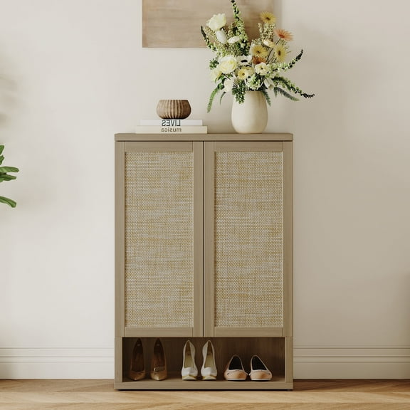 SICOTAS Boho 5-Tier Tall Shoe Cabinet with Adjustable Shelves & Pop-up Doors, 31.2"W Rattan Shoe Storage Cabinet for 20 Pairs, Farmhouse Narrow Shoe Rack Cabinet for Entryway, Living Room, Oak