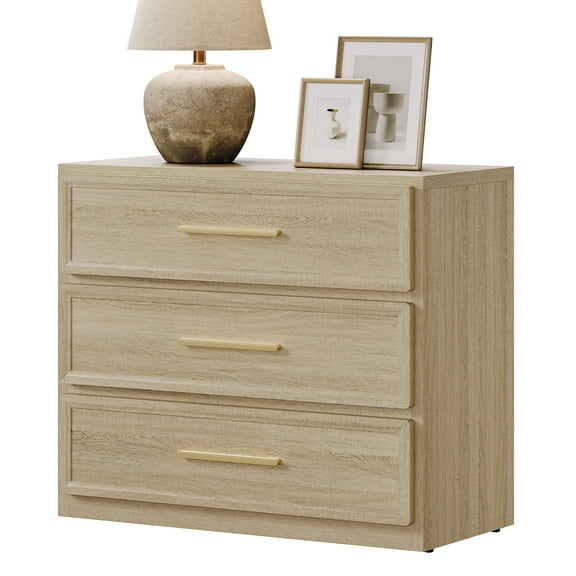 SICOTAS 31.3" W 3-Drawer Nightstand with Oversized Large Storage , Modern Night Stands Bedside Table with Adjustable Feet & Gold Handles for Bedroom Living Room Entryway, Light Oak