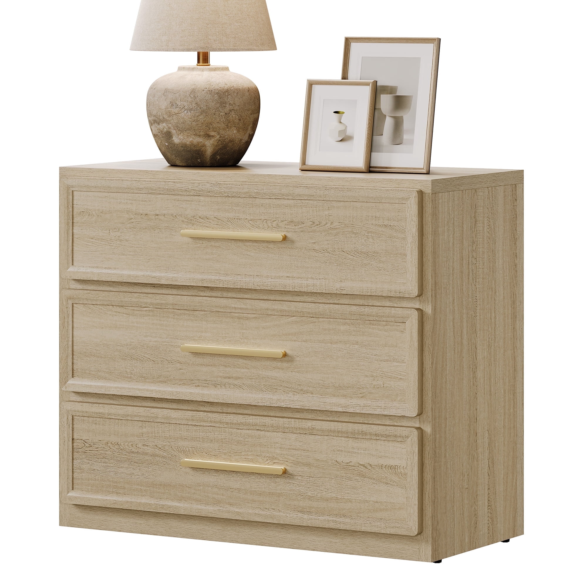 SICOTAS 31.3" W 3-Drawer Nightstand with Oversized Large Storage , Modern Night Stands Bedside Table with Adjustable Feet & Gold Handles for Bedroom Living Room Entryway, Light Oak