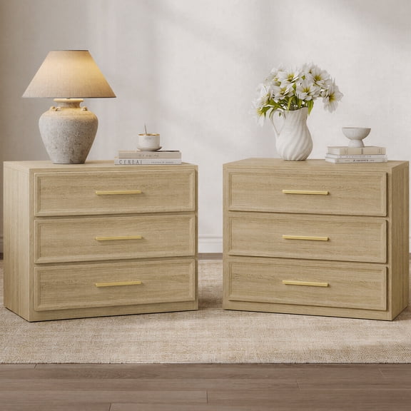 SICOTAS 31.3" W 3-Drawer Nightstand Set of 2 with Oversized Large Storage , Modern Night Stands Bedside Table with Adjustable Feet & Gold Handles for Bedroom Living Room Entryway, Light Oak