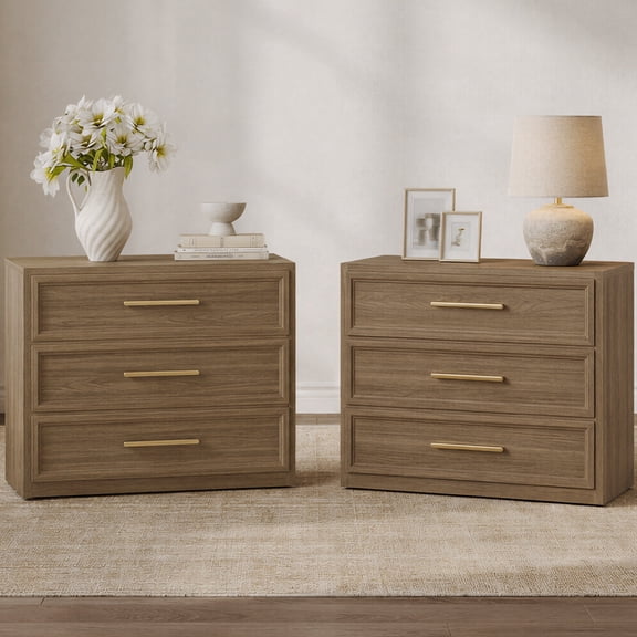 SICOTAS 31.3" W 3-Drawer Nightstand Set of 2 with Oversized Large Storage , Modern Night Stands Bedside Table with Adjustable Feet & Gold Handles for Bedroom Living Room Entryway, Walnut