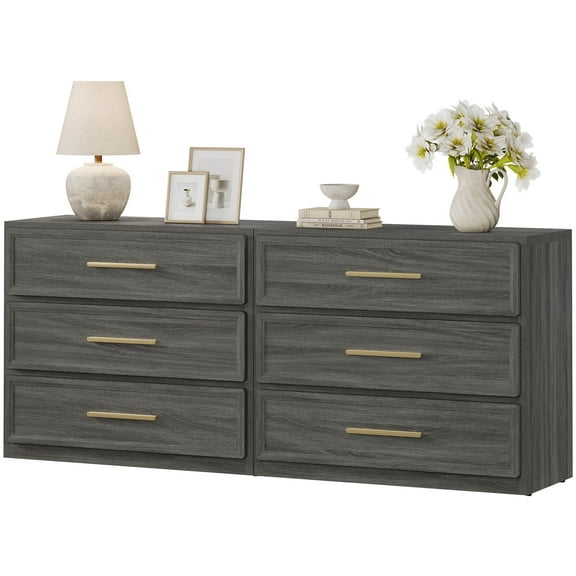 SICOTAS 31.3" W 3-Drawer Nightstand Set of 2 with Oversized Large Storage , Modern Night Stands Bedside Table with Adjustable Feet & Gold Handles for Bedroom Living Room Entrywa, Dark Grey Oak