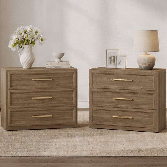 SICOTAS 31.3" W 3-Drawer Nightstand Set of 2 with Oversized Large Storage , Modern Night Stands Bedside Table with Adjustable Feet & Gold Handles for Bedroom Living Room Entryway, Walnut