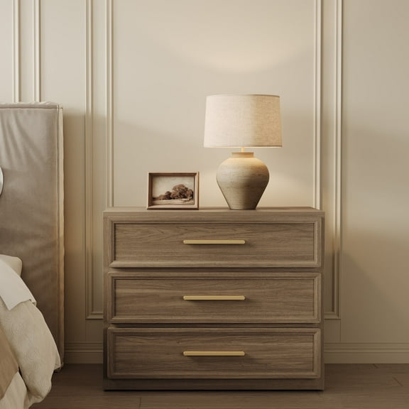 SICOTAS 31.3" W 3-Drawer Nightstand with Oversized Large Storage , Modern Night Stands Bedside Table with Adjustable Feet & Gold Handles for Bedroom Living Room Entryway, Walnut