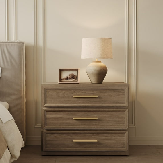 SICOTAS 31.3" W 3-Drawer Nightstand with Oversized Large Storage , Modern Night Stands Bedside Table with Adjustable Feet & Gold Handles for Bedroom Living Room Entryway, Walnut