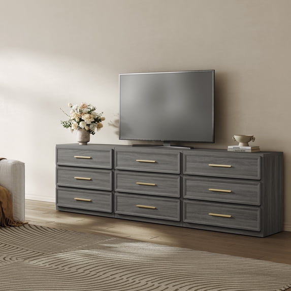 SICOTAS 31.3" W 3-Drawer Nightstand Set of 3 with Oversized Large Storage , Modern Night Stands Bedside Table with Adjustable Feet & Gold Handles for Bedroom Living Room Entryway, Dark Grey Oak