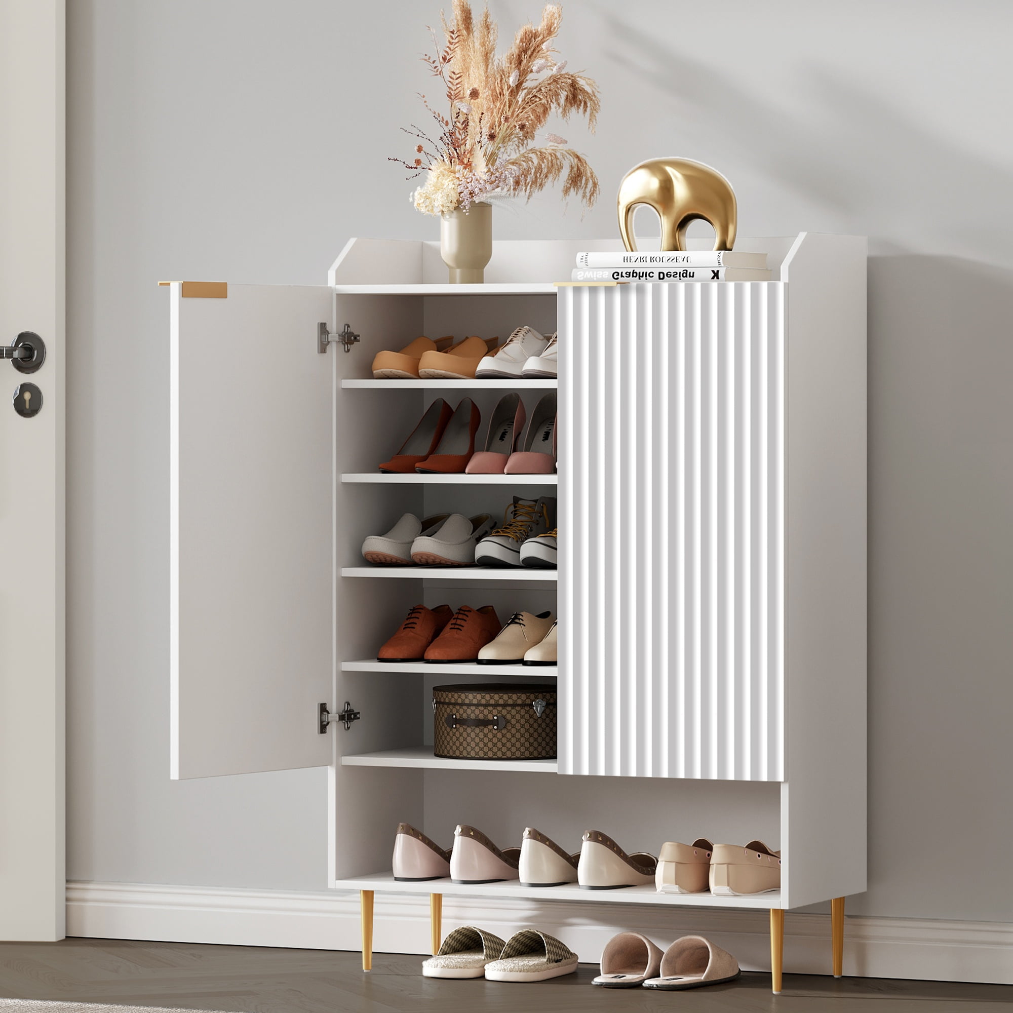SICOTAS 50.7"H Tall Shoe Storage Cabinet with 2 Fluted Doors & 4 Adjustable Shelves, High-Gloss White 7-Tier Modern Shoe Cabinet up to 24 Pcs, Narrow Shoe Organizer Cabinet for Entryway