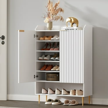 SICOTAS 50.7"H Tall Shoe Storage Cabinet with 2 Fluted Doors & 4 Adjustable Shelves, High-Gloss White 7-Tier Modern Shoe Cabinet up to 24 Pcs, Narrow Shoe Organizer Cabinet for Entryway